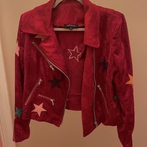 Medium Olivaceous Deep Red Faux Suede Jacket with Zippers and Stitched Stars